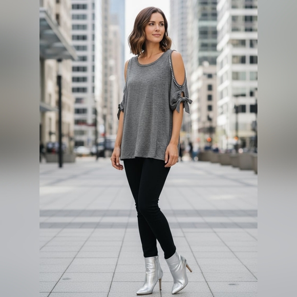 Juicy Couture Rhinestone Cold Shoulder Top M Gray Short Tie DIAMONDS Sleeves - Picture 1 of 16